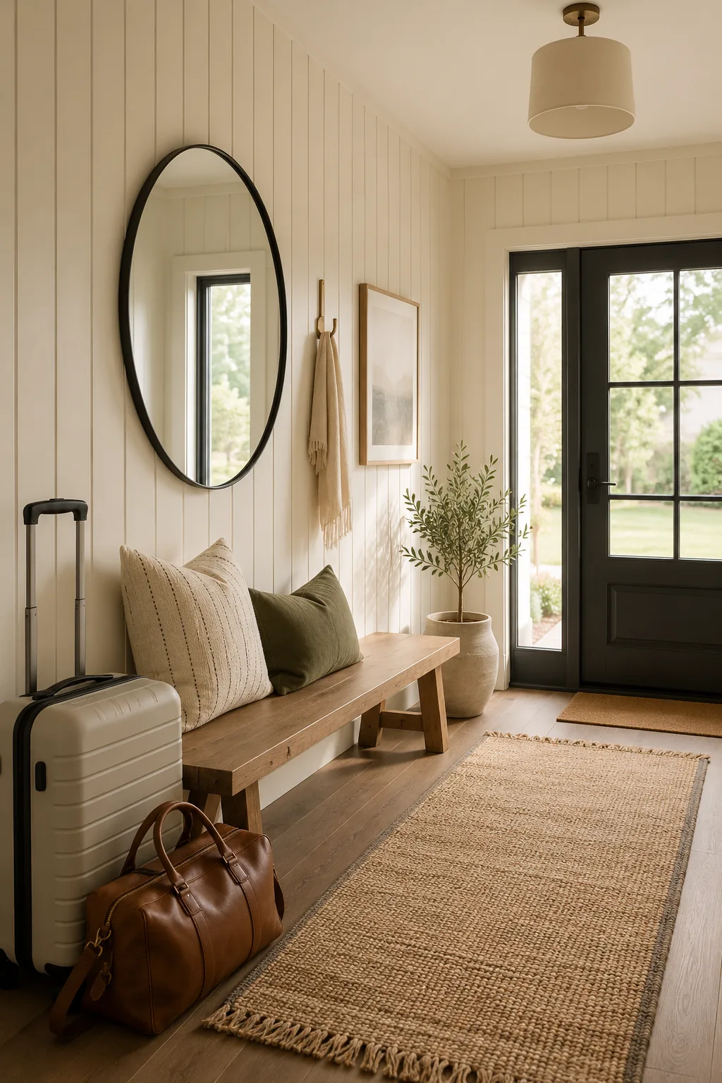 A vacation rental entry prepared for arrival, with luggage beside a bench